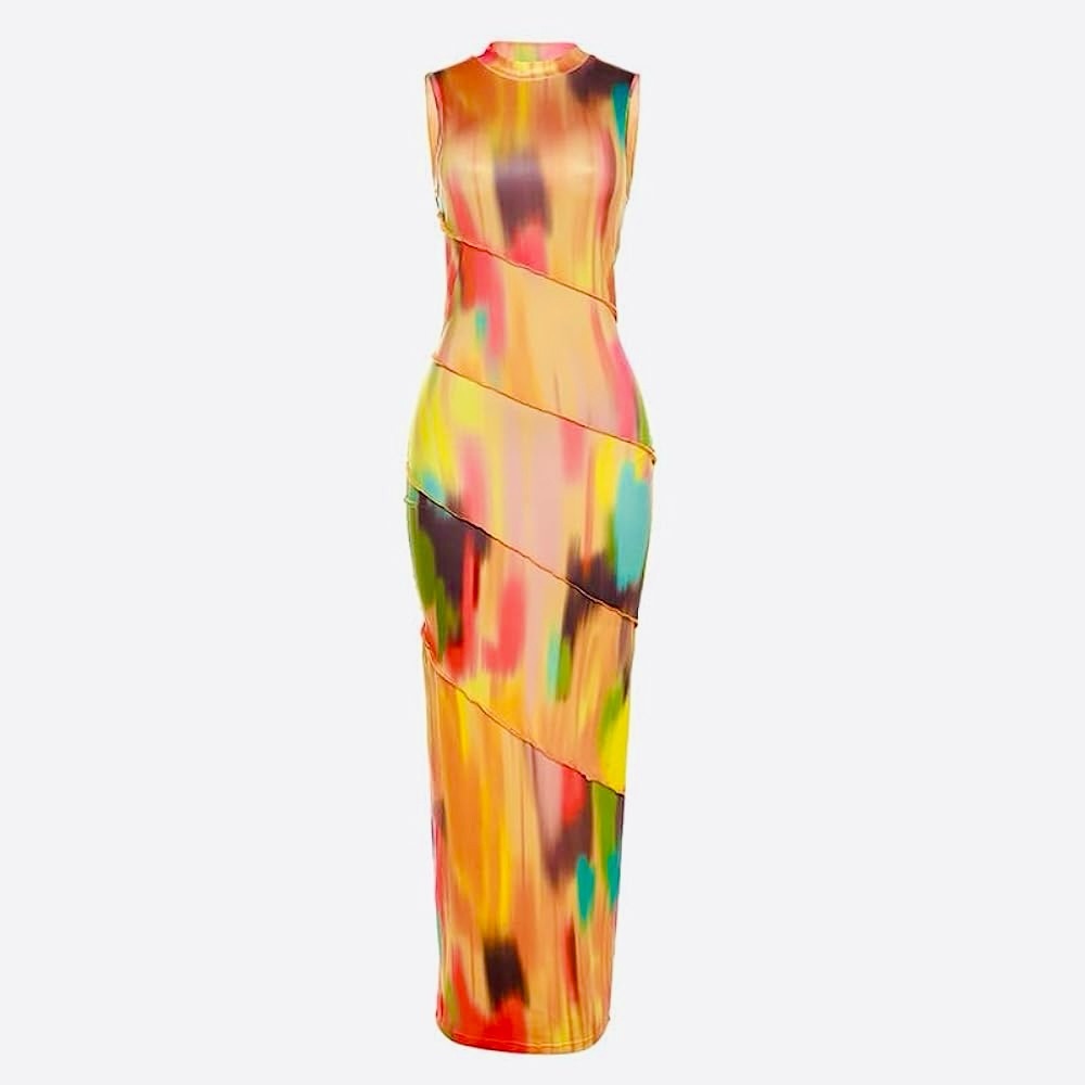 Bodycon Stretchy Multicolor Sleeveless Maxi Dress w Mock Neck - Picture 2 of 16